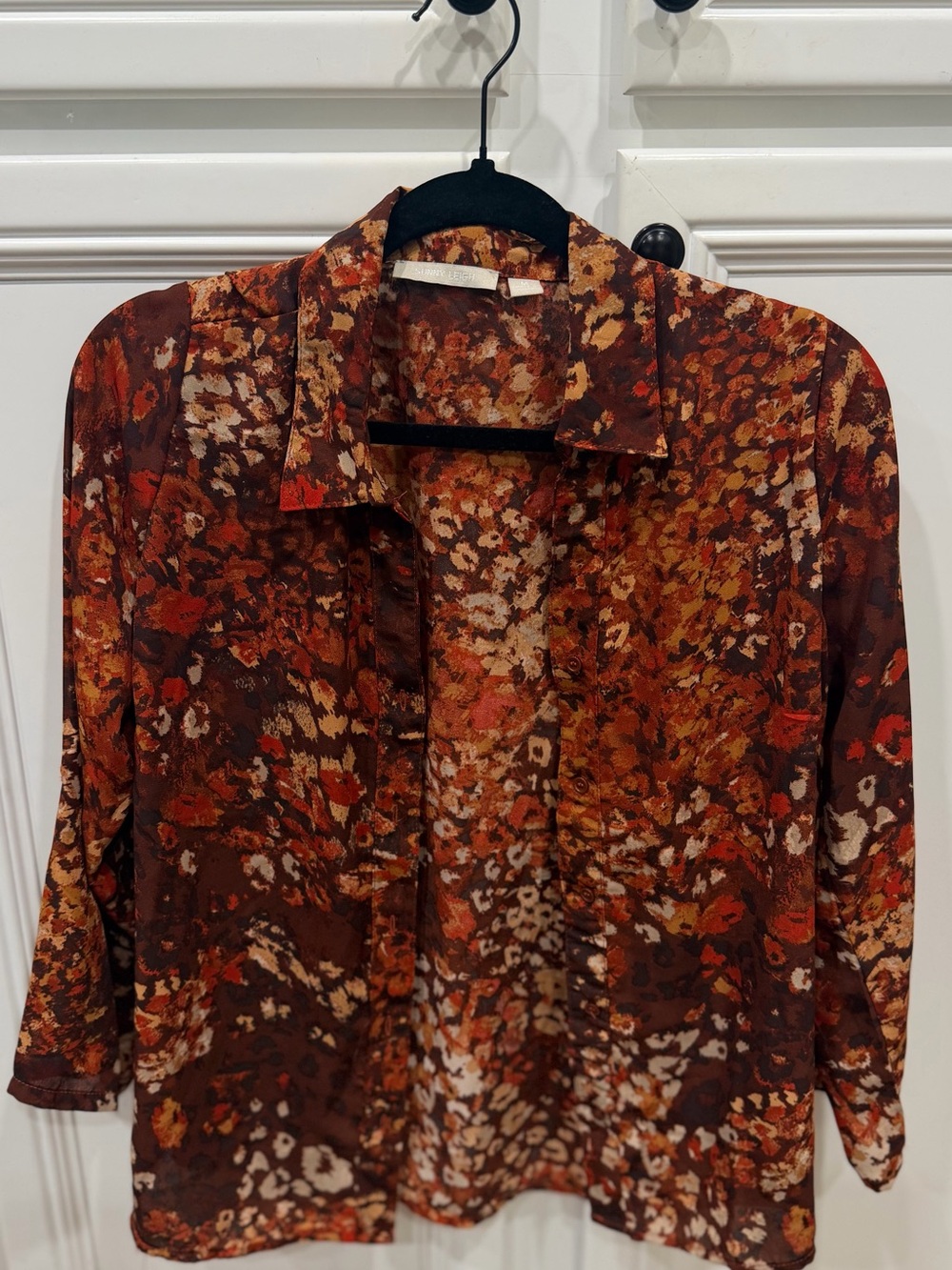 Sunny Leigh Burnt Orange and Brown Sheer Floral Print Blouse